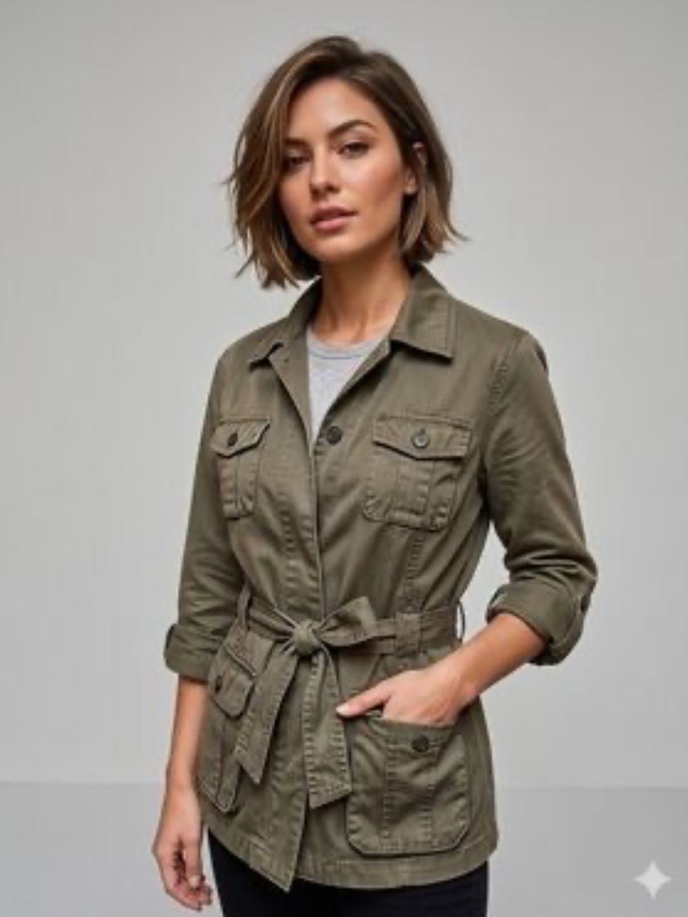 JACOB Vintage Olive Green Belted Utility Field Jacket 100% Cotton — Size 11/12